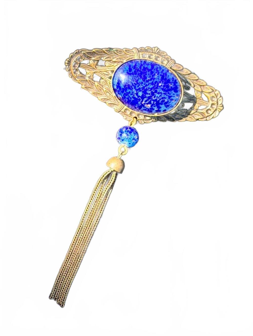 Vintage Lapis Lazuli Glass Filigree Tassel Brooch Pin